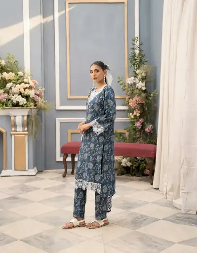 Stylish Printed Khaddar Suit - 2 Pcs Ensemble in Blue